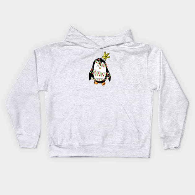 Cute Christmas Tree Lights Wrapped Penguin with a Star on his Head on a Green Backdrop, made by EndlessEmporium Kids Hoodie by EndlessEmporium